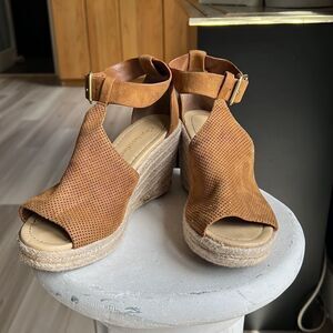 Tan Suade Platform Wedge Espadrille Heeled Sandal Size 7.5 Women’s